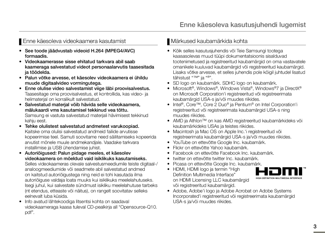 Samsung HMX-Q10BP/EDC manual Enne käesoleva kasutusjuhendi lugemist, Enne käesoleva videokaamera kasutamist 