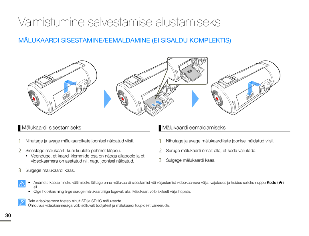 Samsung HMX-Q10BP/EDC Valmistumine salvestamise alustamiseks, Mälukaardi SISESTAMINE/EEMALDAMINE EI Sisaldu Komplektis 