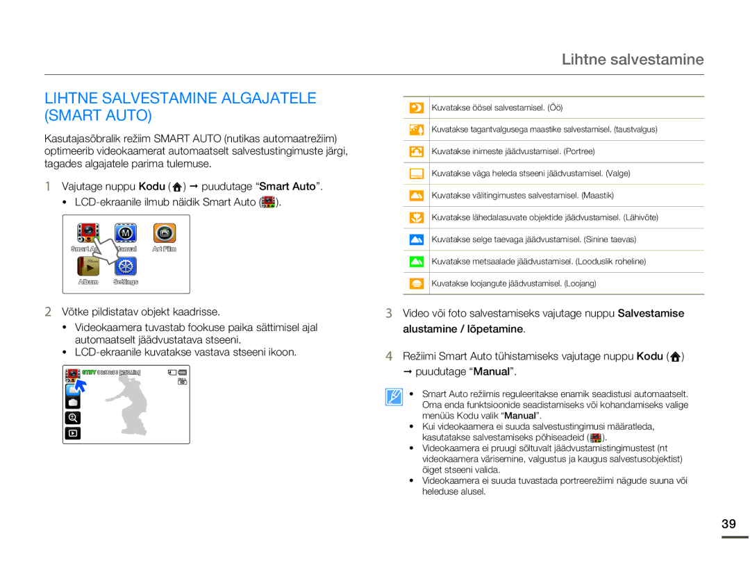 Samsung HMX-Q10BP/EDC manual Lihtne Salvestamine Algajatele Smart Auto 