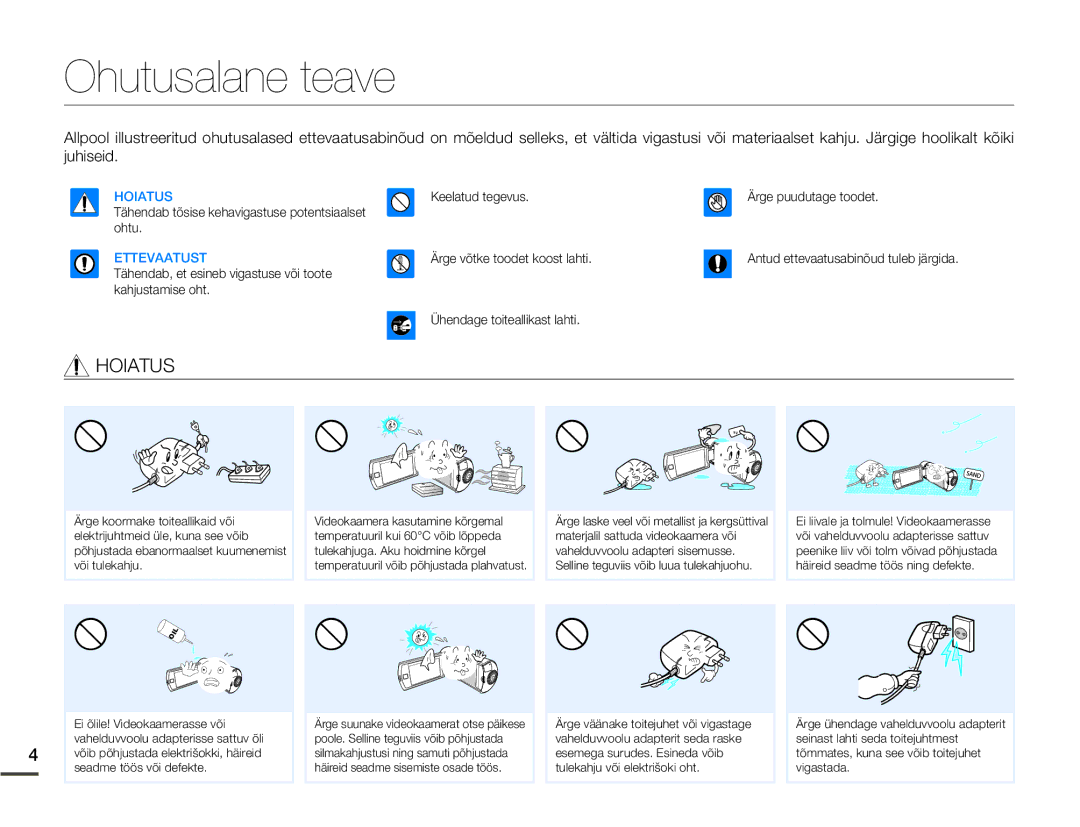 Samsung HMX-Q10BP/EDC manual Ohutusalane teave, Ettevaatust 