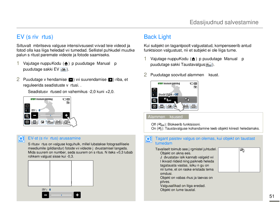 Samsung HMX-Q10BP/EDC manual Edasijõudnud salvestamine, EV säriväärtus, Back Light, EV-st säriväärtus arusaamine 