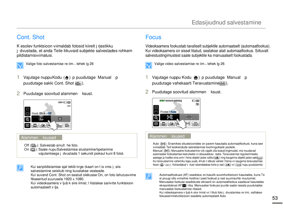 Samsung HMX-Q10BP/EDC manual Cont. Shot, Focus 