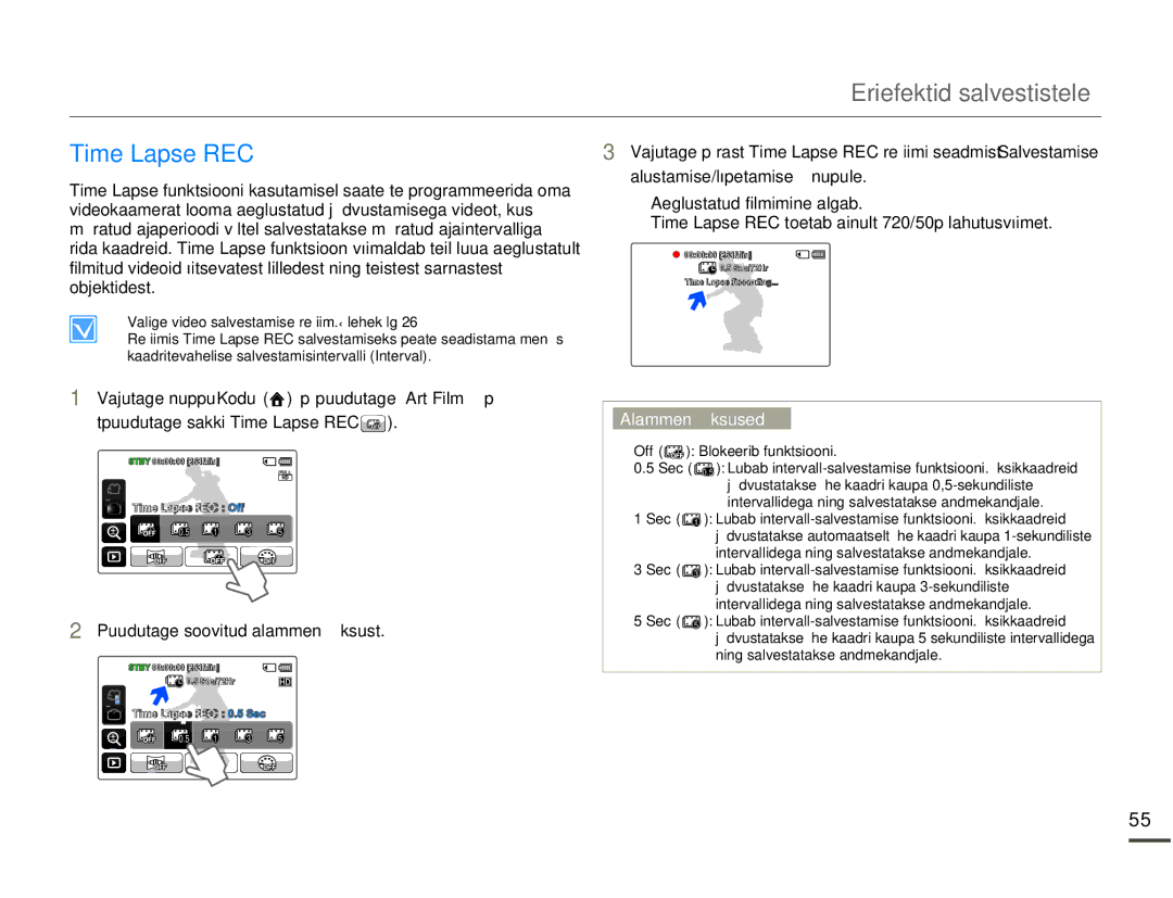 Samsung HMX-Q10BP/EDC manual Eriefektid salvestistele, Time Lapse REC 