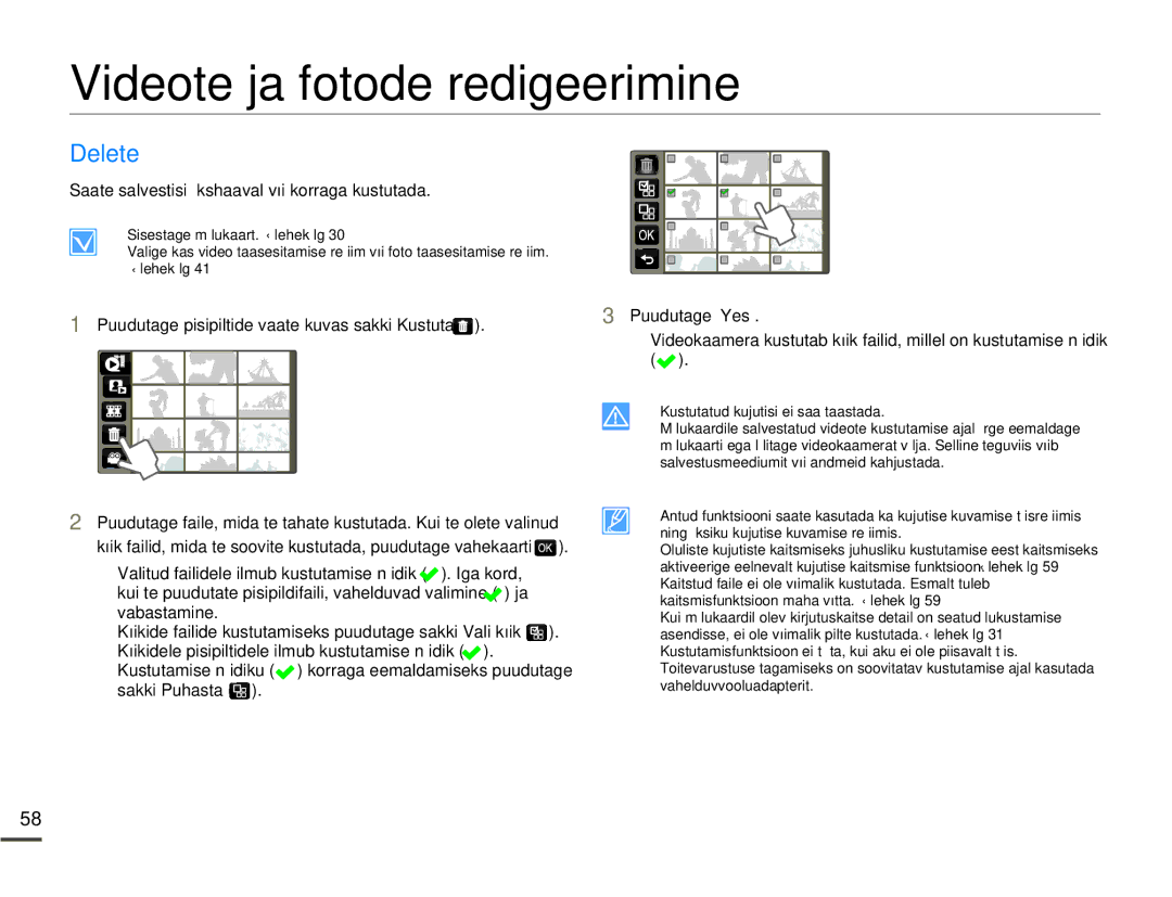 Samsung HMX-Q10BP/EDC manual Videote ja fotode redigeerimine, Delete 