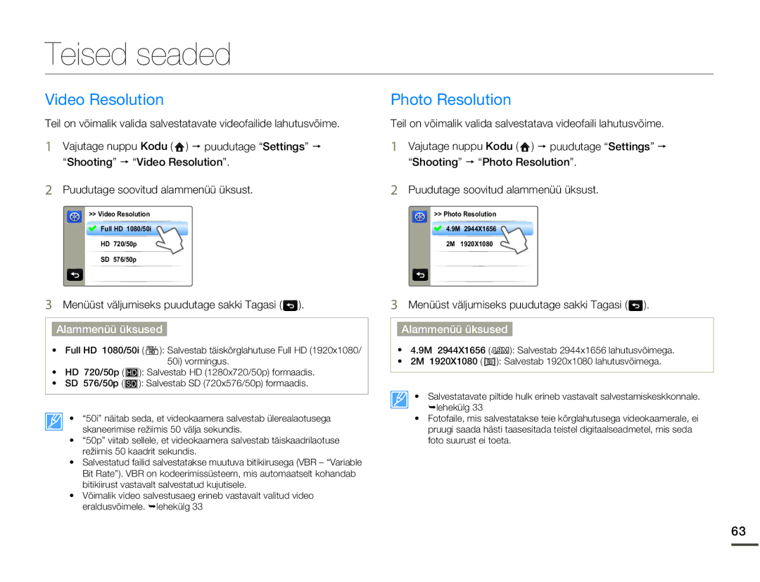 Samsung HMX-Q10BP/EDC manual Teised seaded, Video Resolution, Photo Resolution 