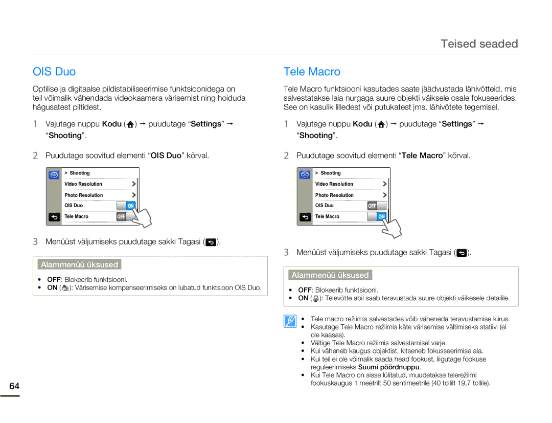 Samsung HMX-Q10BP/EDC manual Teised seaded, OIS Duo, Tele Macro 