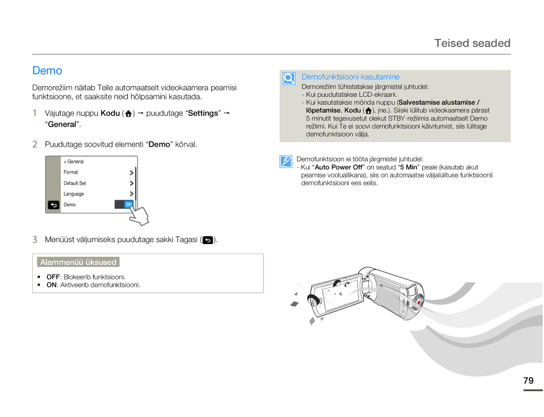 Samsung HMX-Q10BP/EDC manual Demofunktsiooni kasutamine 