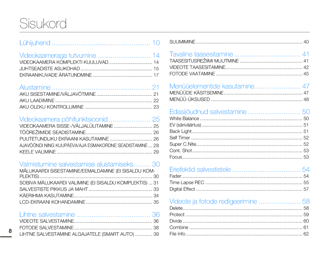 Samsung HMX-Q10BP/EDC manual Sisukord, Videokaamera põhifunktsioonid 