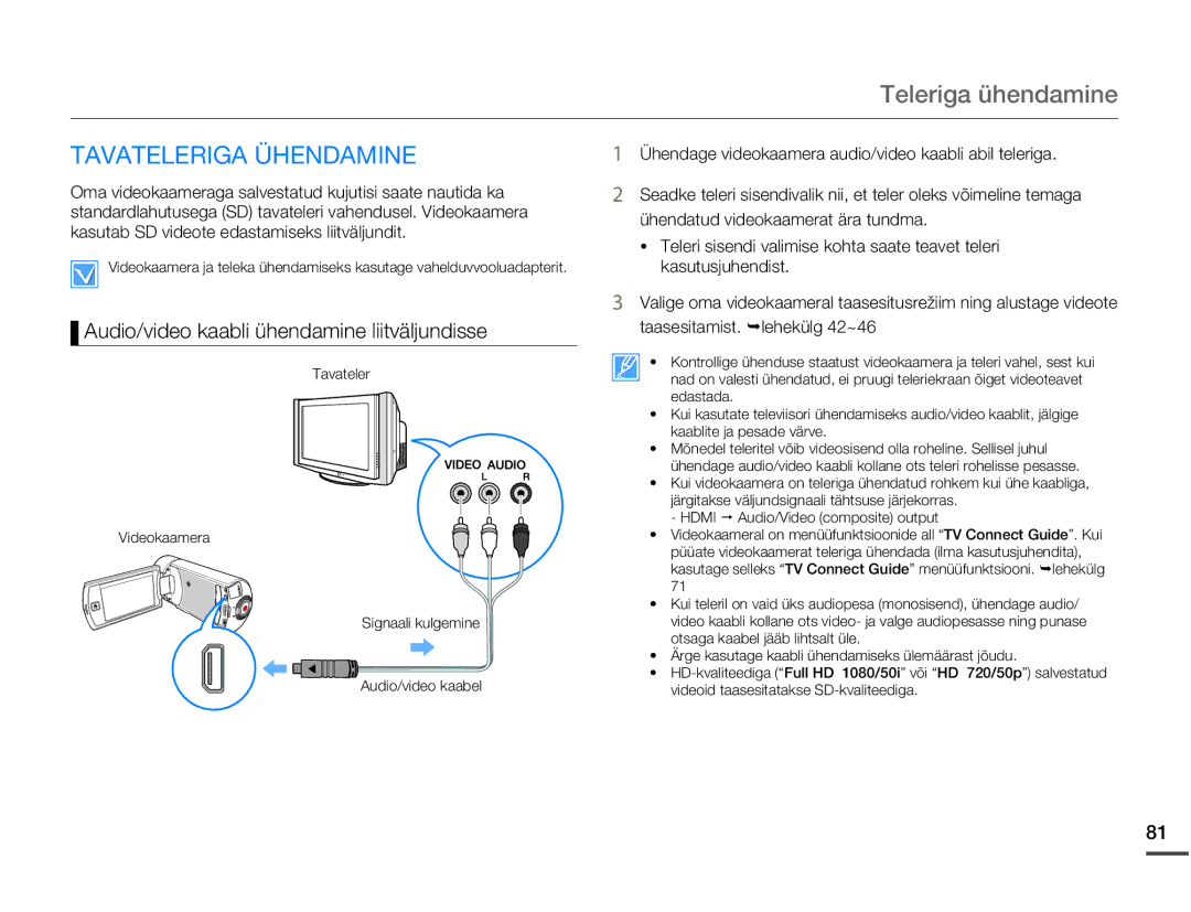 Samsung HMX-Q10BP/EDC manual Teleriga ühendamine, Tavateleriga Ühendamine, Audio/video kaabli ühendamine liitväljundisse 