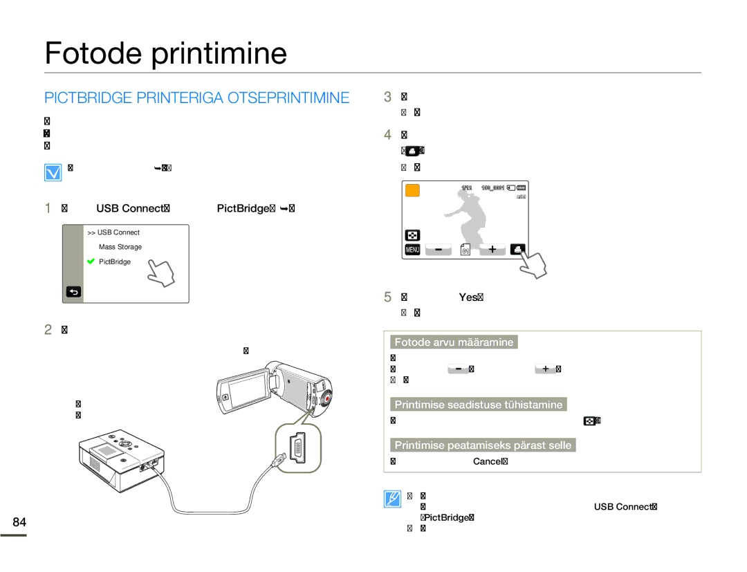 Samsung HMX-Q10BP/EDC manual Fotode printimine, Pictbridge Printeriga Otseprintimine 