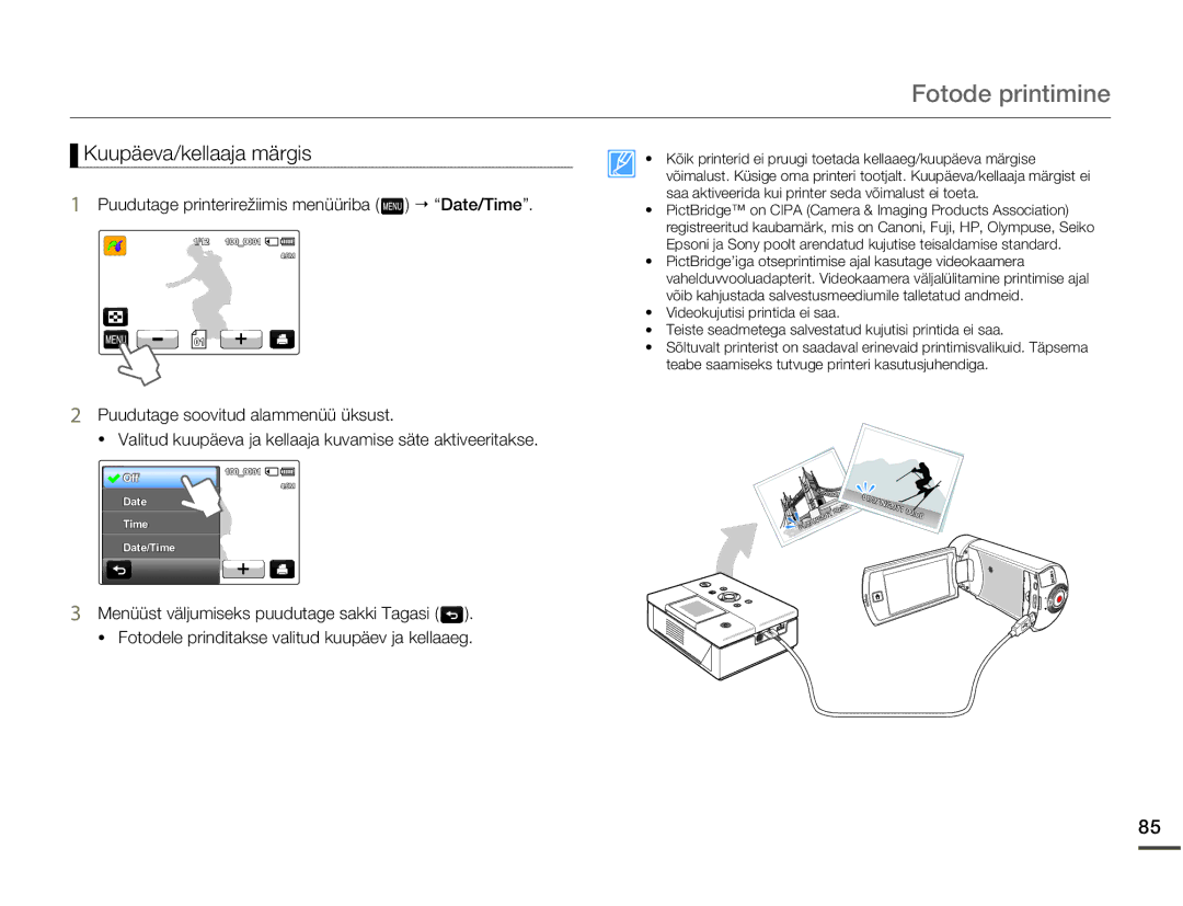 Samsung HMX-Q10BP/EDC manual Fotode printimine, Kuupäeva/kellaaja märgis 