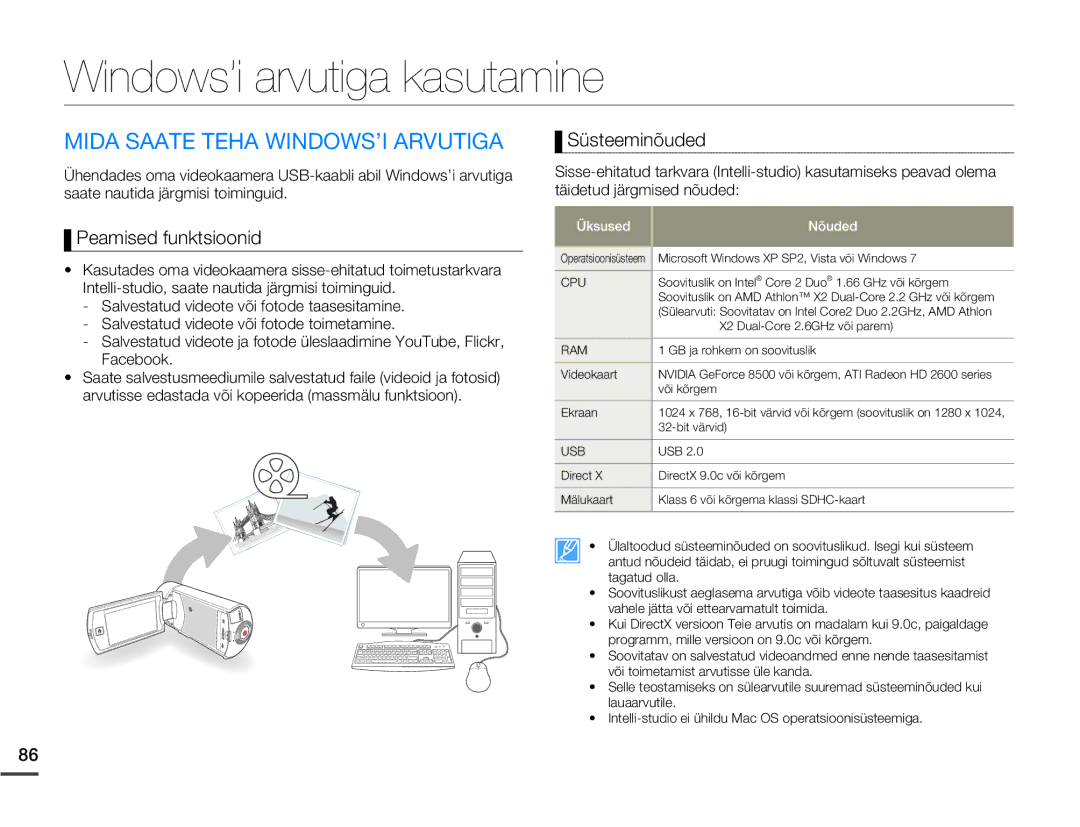 Samsung HMX-Q10BP/EDC manual Windows’i arvutiga kasutamine, Mida Saate Teha WINDOWS’I Arvutiga, Peamised funktsioonid 