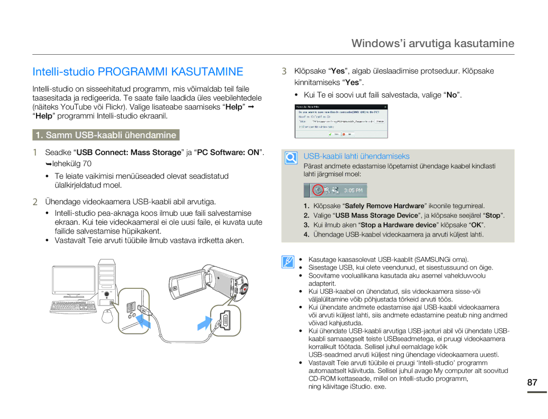 Samsung HMX-Q10BP/EDC manual Windows’i arvutiga kasutamine, Intelli-studio Programmi Kasutamine, Samm USB-kaabli ühendamine 