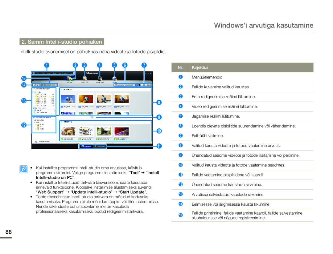 Samsung HMX-Q10BP/EDC manual Samm Intelli-studio põhiaken, Eelmisesse või järgmisesse kausta liikumine 