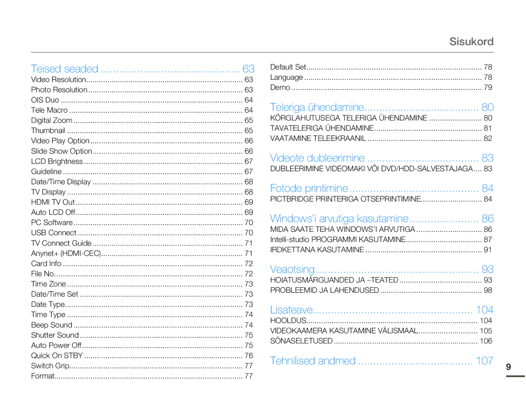 Samsung HMX-Q10BP/EDC manual Sisukord, 104, 107 