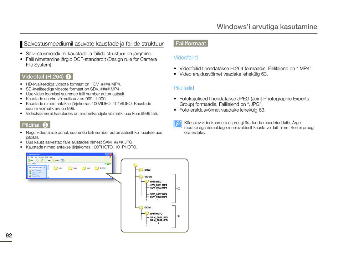 Samsung HMX-Q10BP/EDC Salvestusmeediumil asuvate kaustade ja failide struktuur, Videofail H.264, Pildifail, Failiformaat 