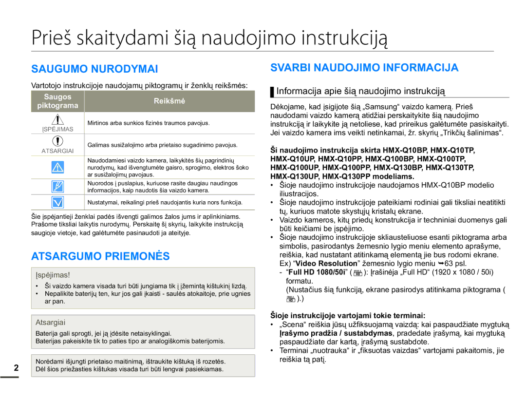 Samsung HMX-Q10BP/EDC manual Prieš skaitydami šią naudojimo instrukciją, $8*80218520$, $76$5*80235,021Ơ6 