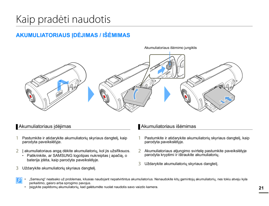 Samsung HMX-Q10BP/EDC manual Kaip pradėti naudotis, $.808/,$725,$86ƲƠ-,0$6,âƠ0,0$6, $NXPXOLDWRULDXVƳGơMLPDV 