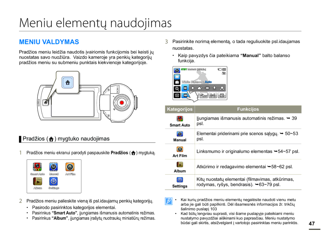 Samsung HMX-Q10BP/EDC manual Meniu elementų naudojimas, 01,89$/0$6, 3UDGåLRV P\JWXNRQDXGRMLPDV, Ixqnflmd, Svo 