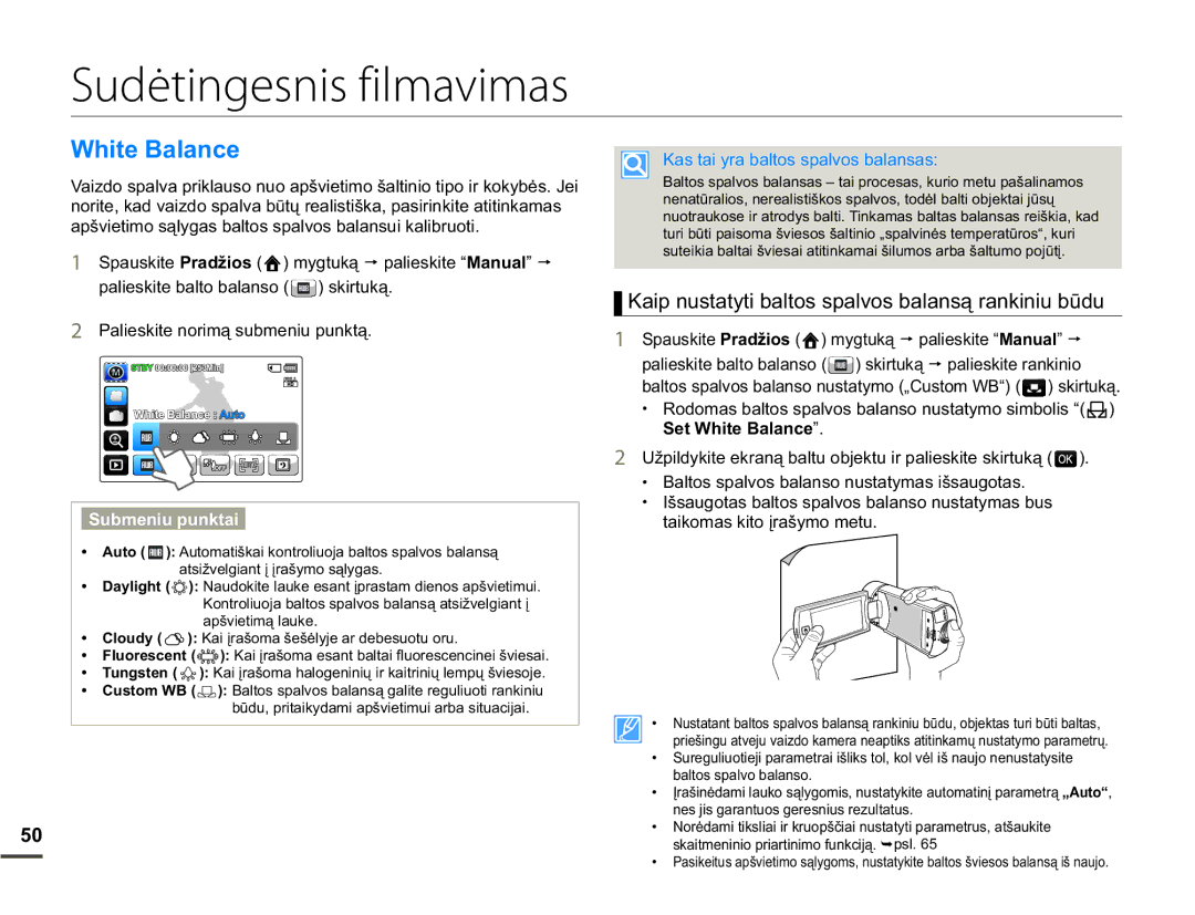 Samsung HMX-Q10BP/EDC manual Sudėtingesnis filmavimas, Klwh%Dodqfh, 6HWKLWH%DODQFH´ 