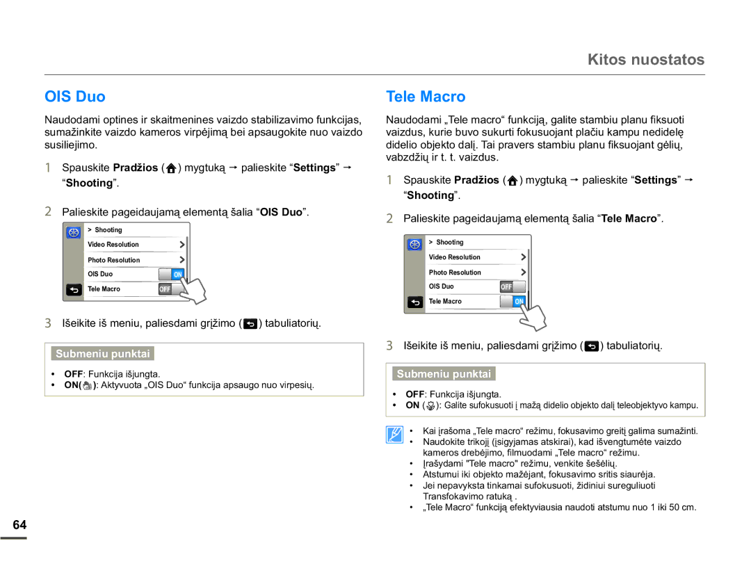 Samsung HMX-Q10BP/EDC manual Kitos nuostatos, Xr, ³6KRRWLQJ ´, ÃHLNLWHLãPHQLXSDOLHVGDPLJUƳåLPR WDEXOLDWRULǐ 