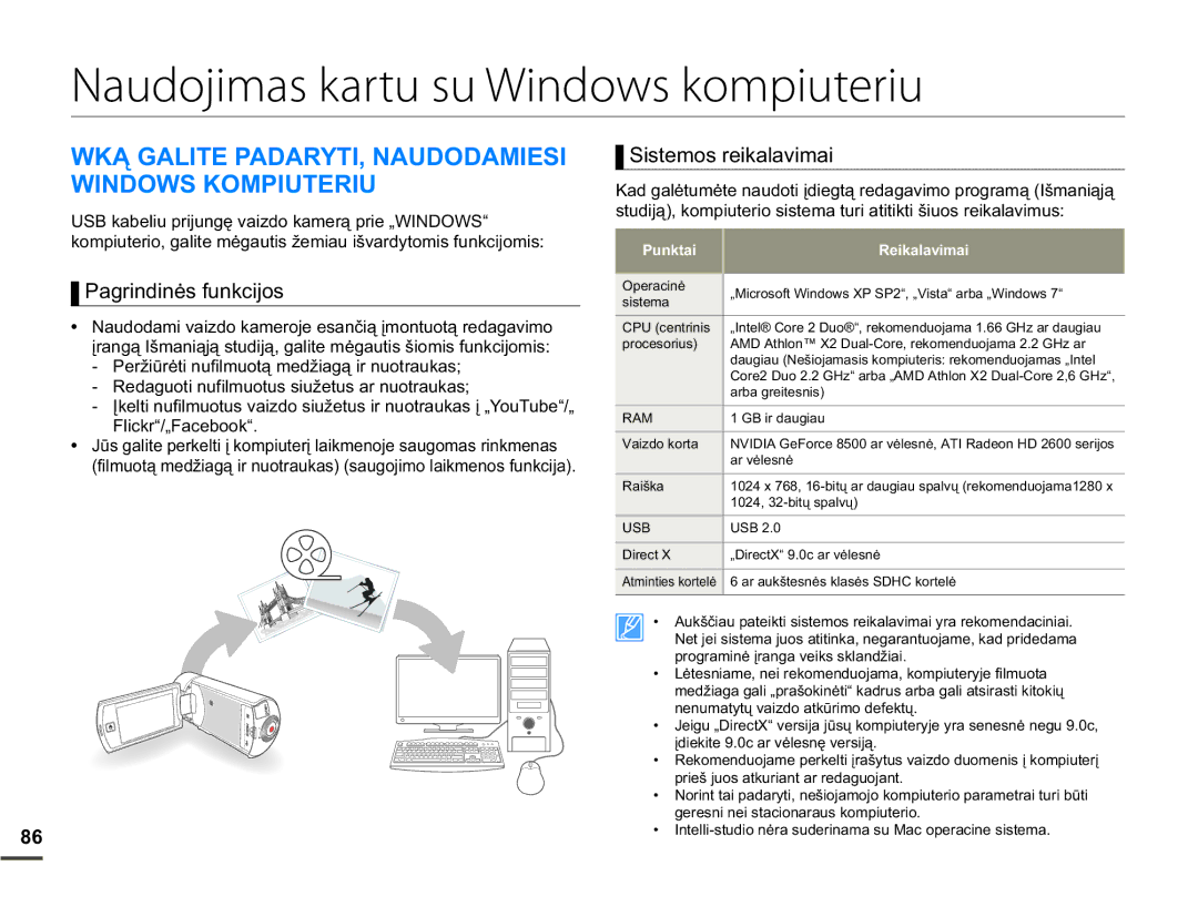 Samsung HMX-Q10BP/EDC manual Naudojimas kartu su Windows kompiuteriu, 3DJULQGLQơVIXQNFLMRV 