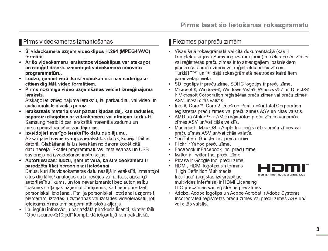 Samsung HMX-Q10BP/EDC manual Pirms lasāt šo lietošanas rokasgrāmatu 