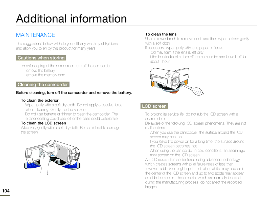 Samsung HMX-Q10TN, HMX-Q130UN, HMX-Q10PN Additional information, Maintenance, Cleaning the camcorder, LCD screen, 104 