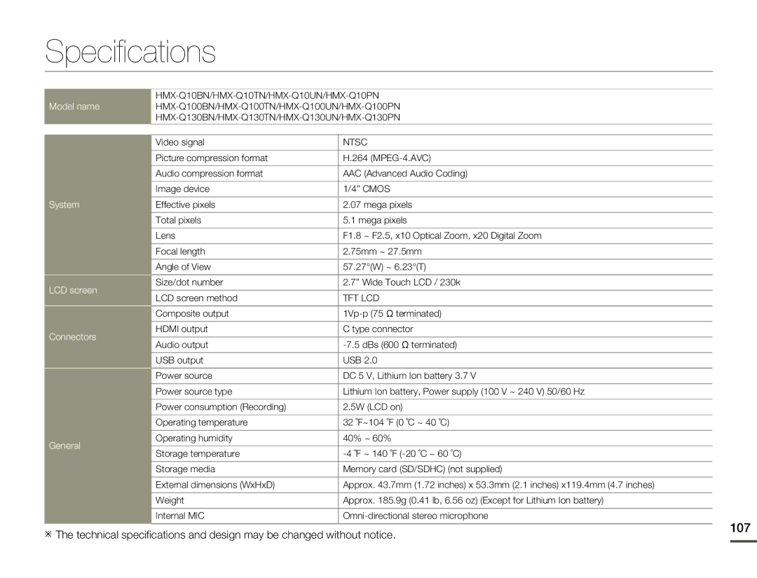 Samsung HMX-Q130PN, HMX-Q10TN, HMX-Q130UN, HMX-Q10PN, HMX-Q10UN, HMX-Q130BN, HMX-Q100UN, HMX-Q100TN Specifications, 107 