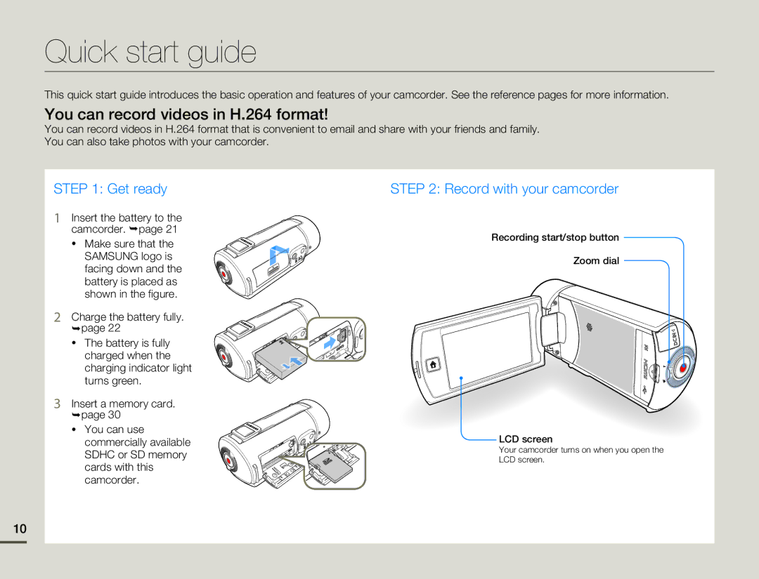 Samsung HMX-Q10PN, HMX-Q10TN, HMX-Q130UN, HMX-Q130PN, HMX-Q10UN Quick start guide, You can record videos in H.264 format 