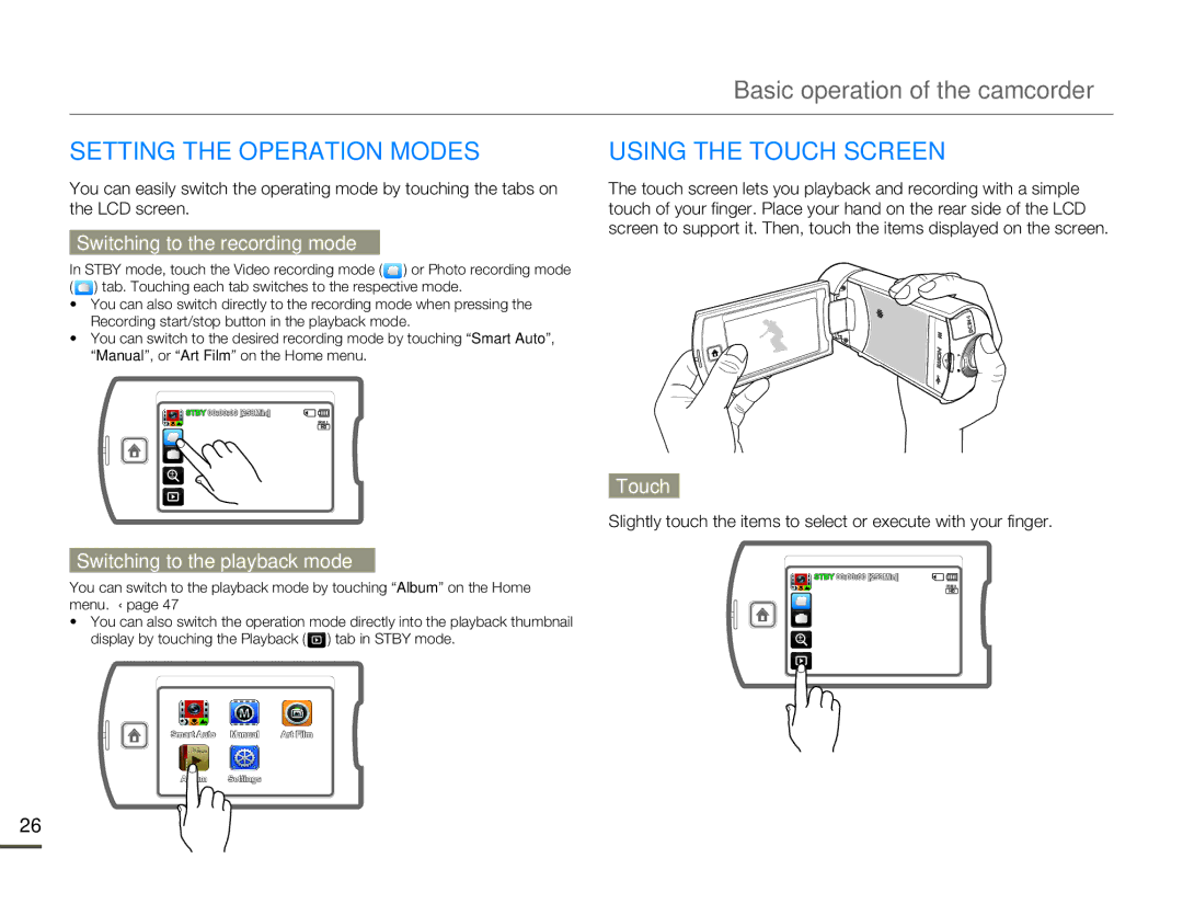 Samsung HMX-Q100UN, HMX-Q10TN Basic operation of the camcorder, Setting the Operation Modes, Using the Touch Screen 