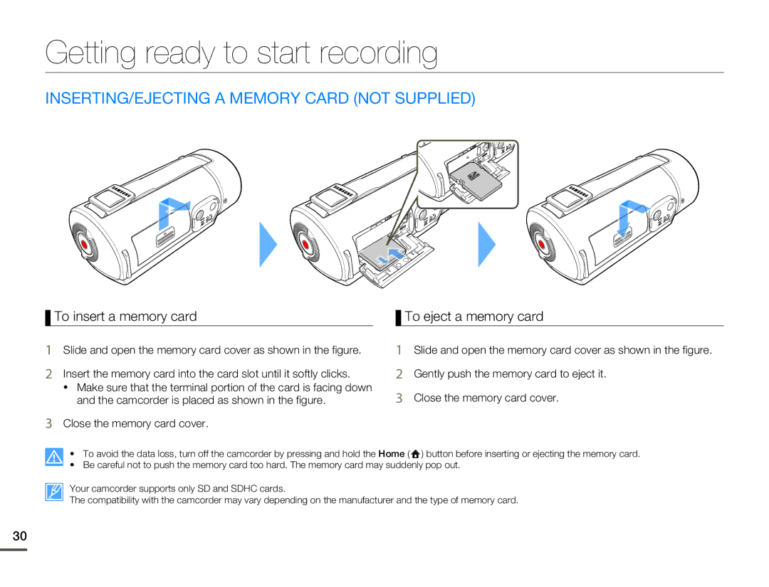 Samsung HMX-Q130TN Getting ready to start recording, INSERTING/EJECTING a Memory Card not Supplied, To eject a memory card 