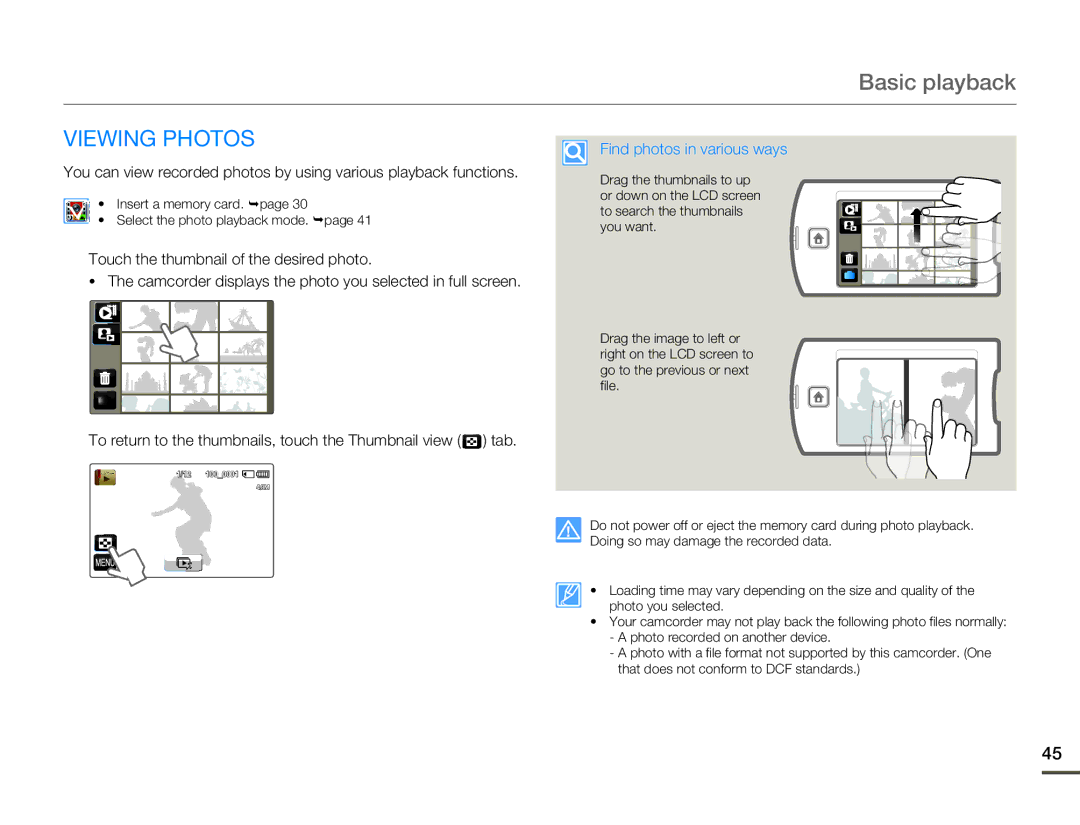 Samsung HMX-Q130UN, HMX-Q10TN, HMX-Q10PN, HMX-Q130PN, HMX-Q10UN, HMX-Q130BN Viewing Photos, Find photos in various ways 