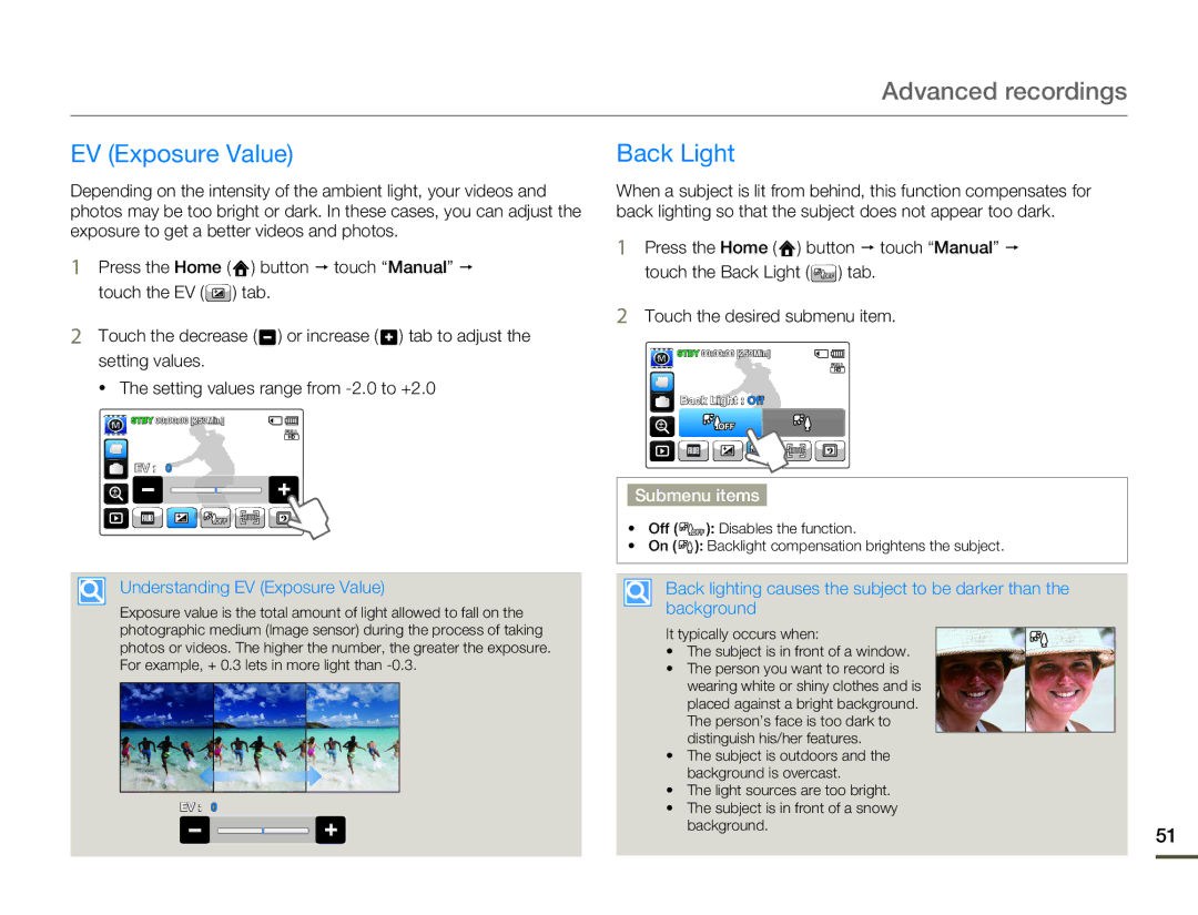 Samsung HMX-Q100TN, HMX-Q10TN, HMX-Q130UN, HMX-Q10PN Advanced recordings, Back Light, Understanding EV Exposure Value 