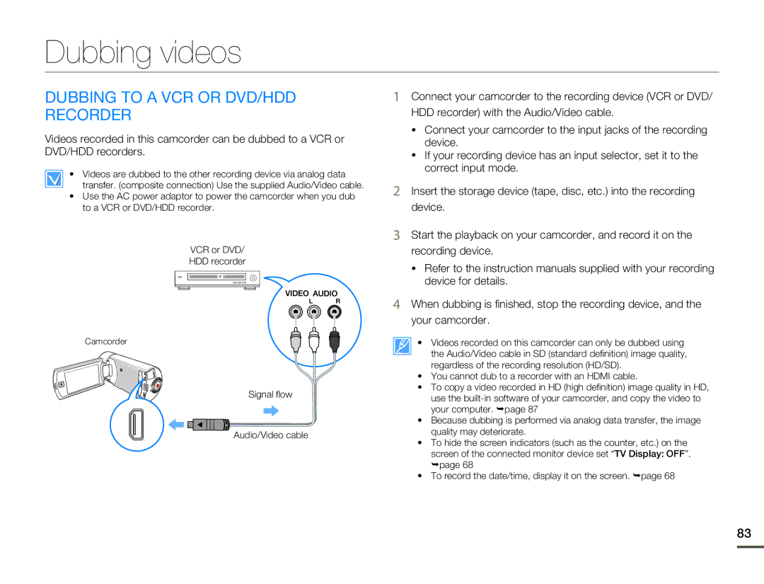 Samsung HMX-Q130PN, HMX-Q10TN, HMX-Q130UN, HMX-Q10PN, HMX-Q10UN Dubbing videos, Dubbing to a VCR or DVD/HDD Recorder 