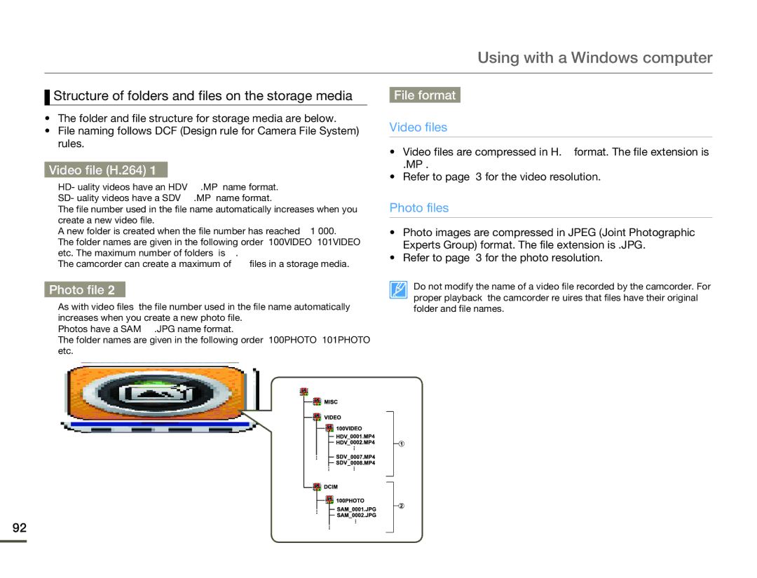 Samsung HMX-Q10TN Structure of folders and files on the storage media, Video file H.264, Photo file, File format 