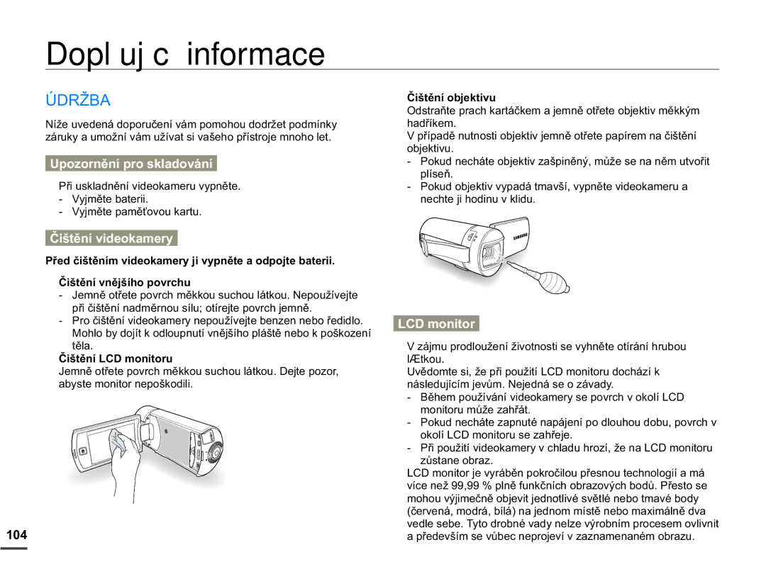 Samsung HMX-Q10TP/EDC, HMX-Q10BP/EDC manual Doplňující informace, Ò5ä%$, 8SRRUQČQtSURVNODGRYiQt, ÝLãWČQtYLGHRNDPHU,  