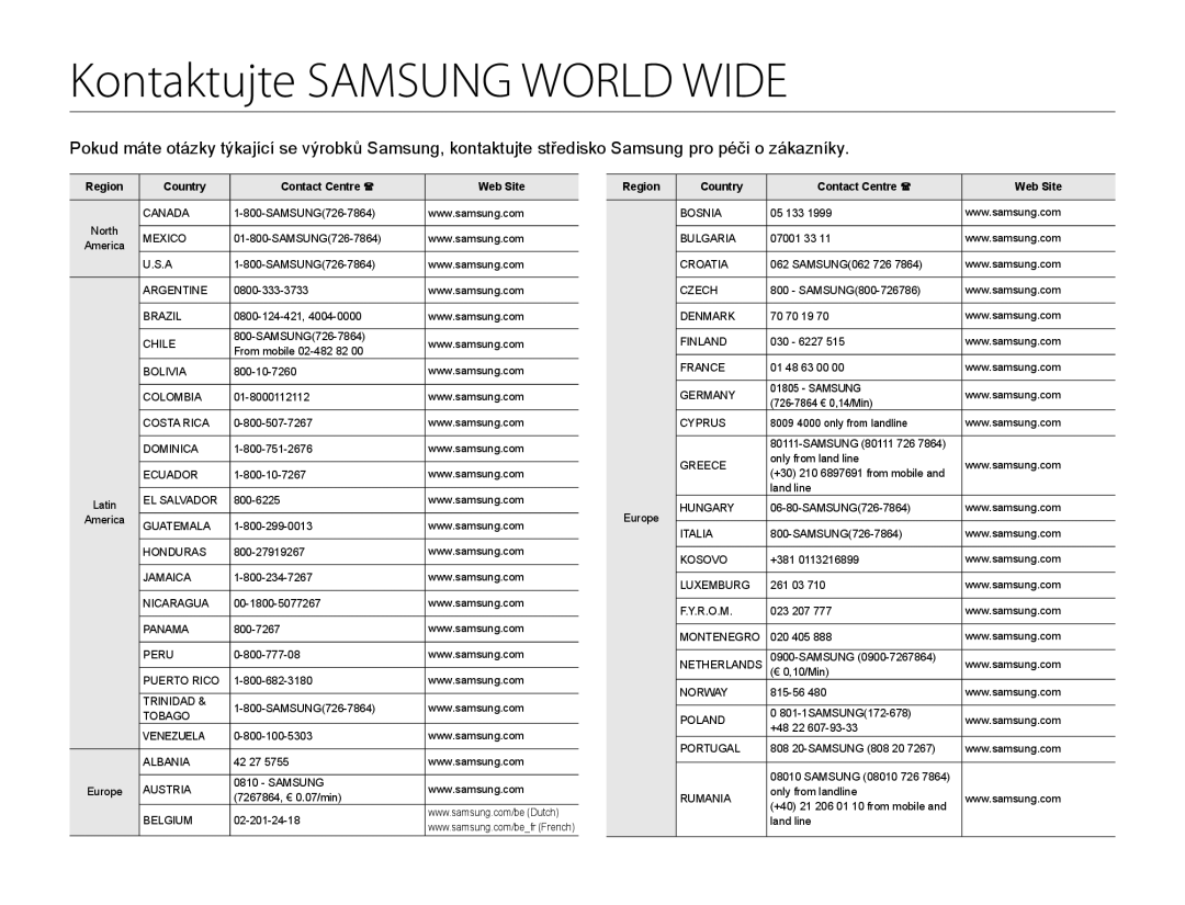 Samsung HMX-Q10TP/EDC, HMX-Q10BP/EDC manual Kontaktujte Samsung World Wide, Region Country Contact Centre  Web Site 