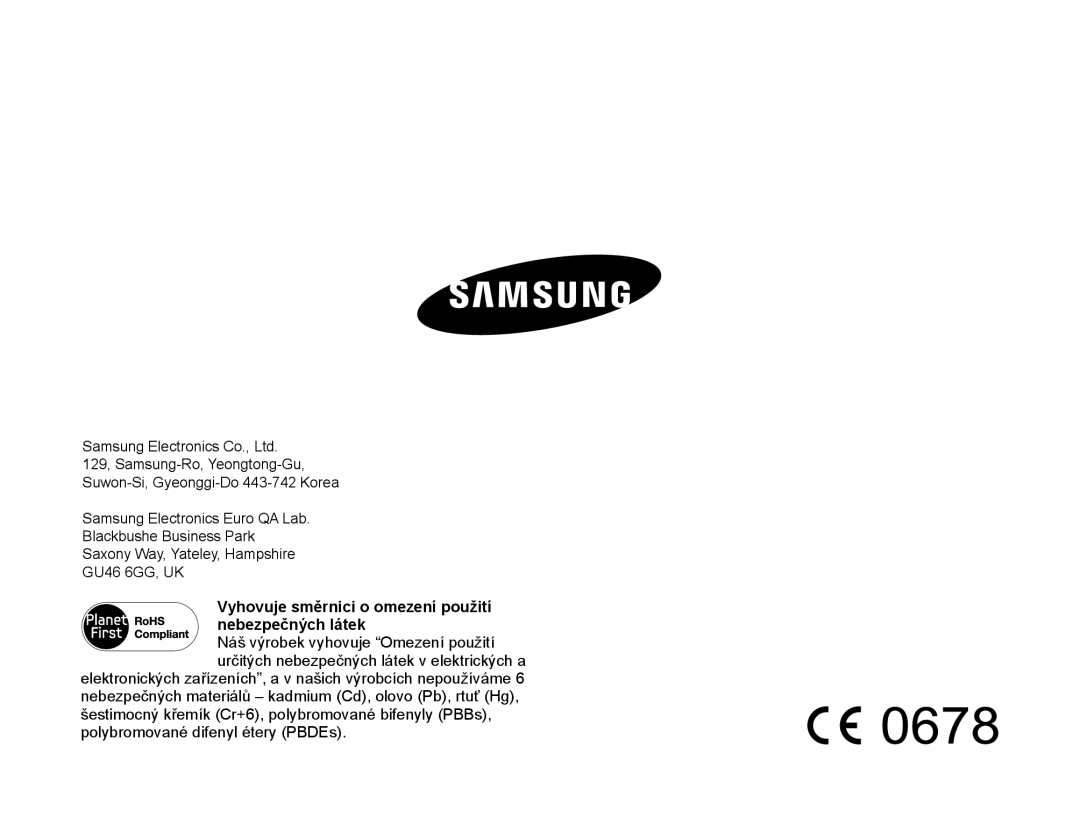 Samsung HMX-Q10BP/EDC, HMX-Q10TP/EDC manual Vyhovuje směrnici o omezení použití nebezpečných látek 