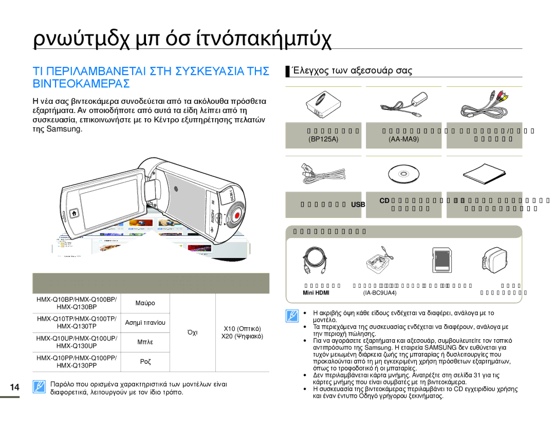 Samsung HMX-Q10TP/EDC, HMX-Q10BP/EDC manual Γνωριμία με τη βιντεοκάμερα, ΤΙ Περιλαμβανεται ΣΤΗ Συσκευασια ΤΗΣ, Βιντεοκαμερασ 