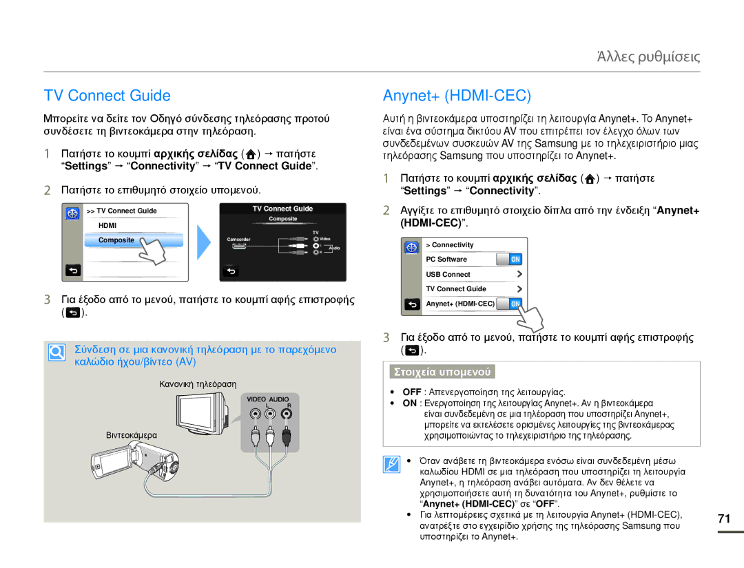 Samsung HMX-Q10BP/EDC, HMX-Q10TP/EDC manual TV Connect Guide Anynet+ HDMI-CEC, Settings p Connectivity p TV Connect Guide 