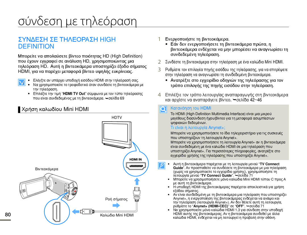 Samsung HMX-Q10TP/EDC, HMX-Q10BP/EDC Σύνδεση με τηλεόραση, Συνδεση ΣΕ Τηλεοραση High Definition, Χρήση καλωδίου Mini Hdmi 