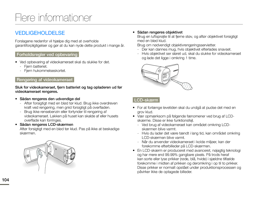 Samsung HMX-Q10BP/EDC Flere informationer, Vedligeholdelse, Forholdsregler ved opbevaring, Rengøring af videokameraet 