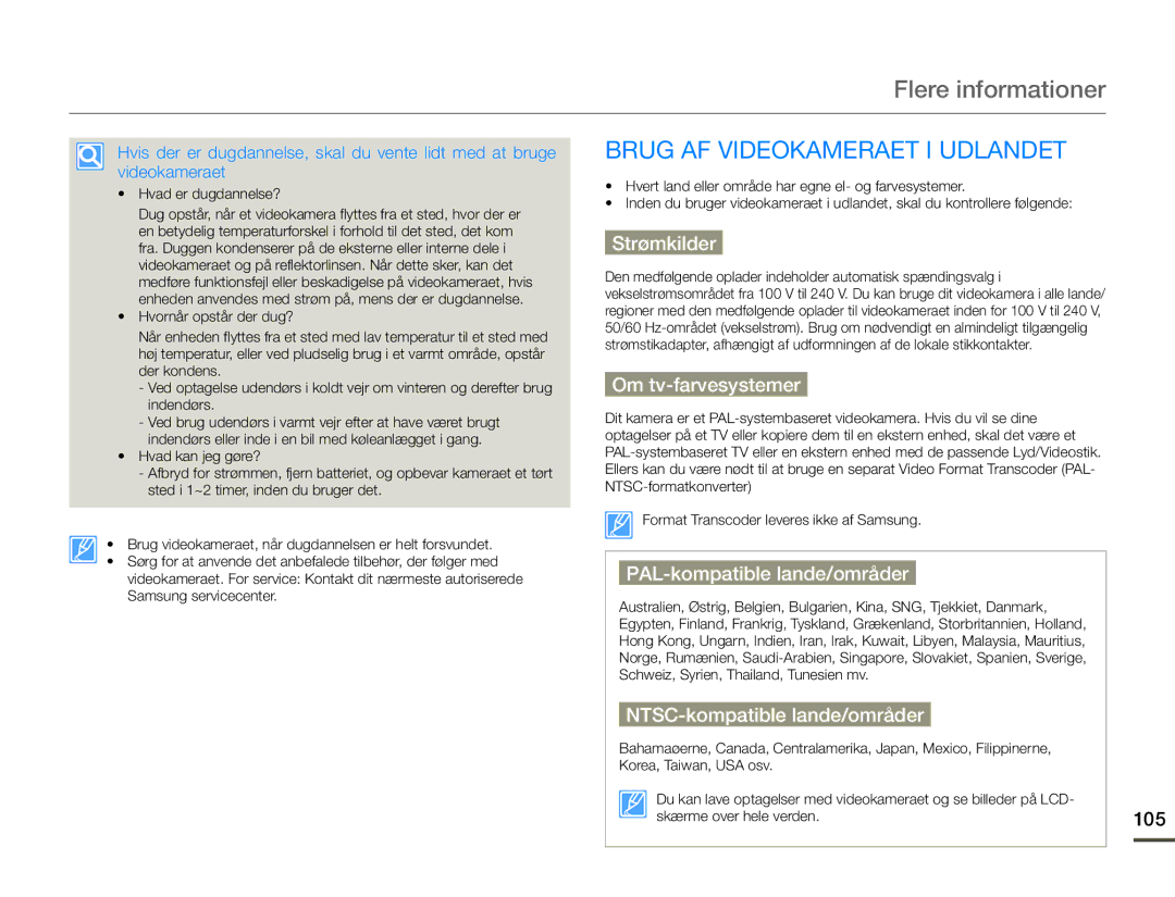 Samsung HMX-Q10TP/EDC, HMX-Q10PP/EDC, HMX-Q10BP/EDC manual Flere informationer, Brug AF Videokameraet I Udlandet 