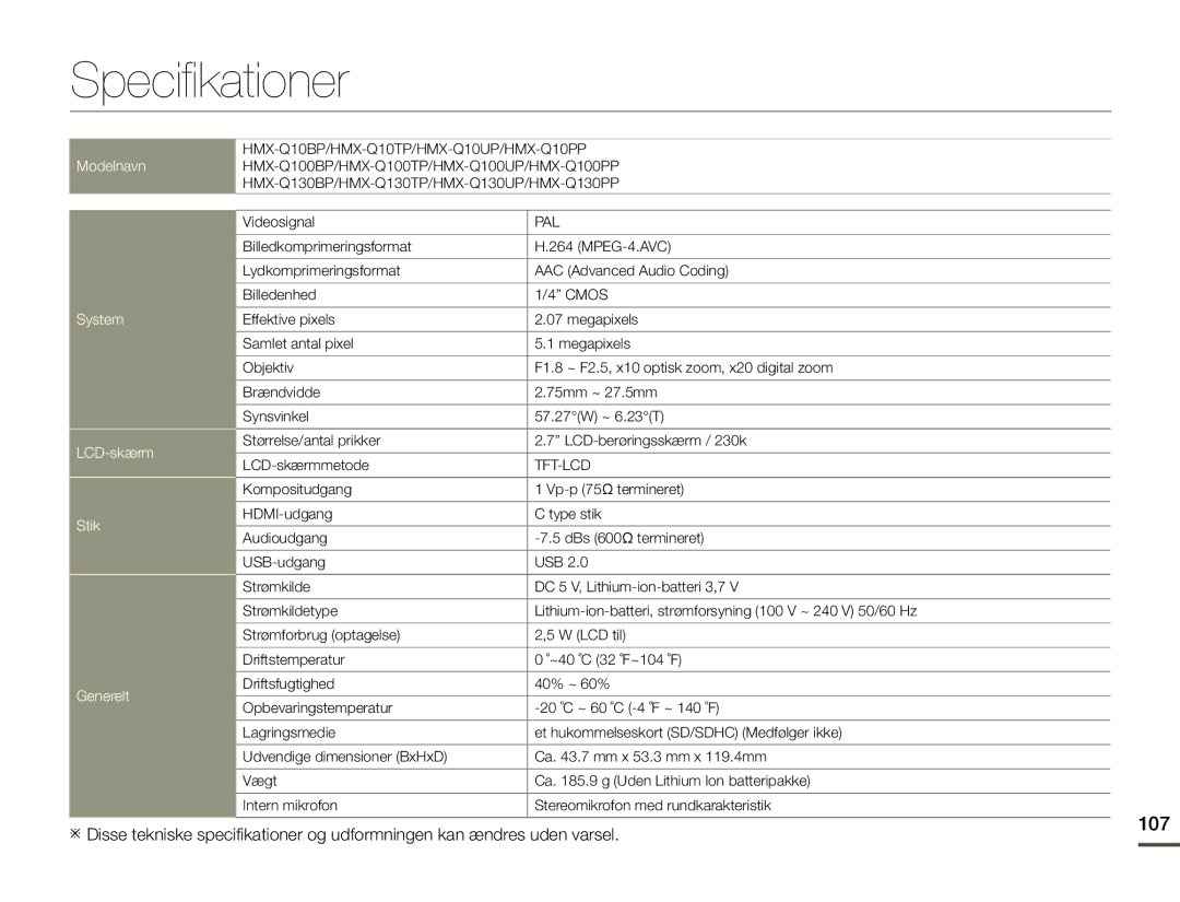 Samsung HMX-Q10BP/EDC, HMX-Q10TP/EDC, HMX-Q10PP/EDC manual Specifikationer, 107 