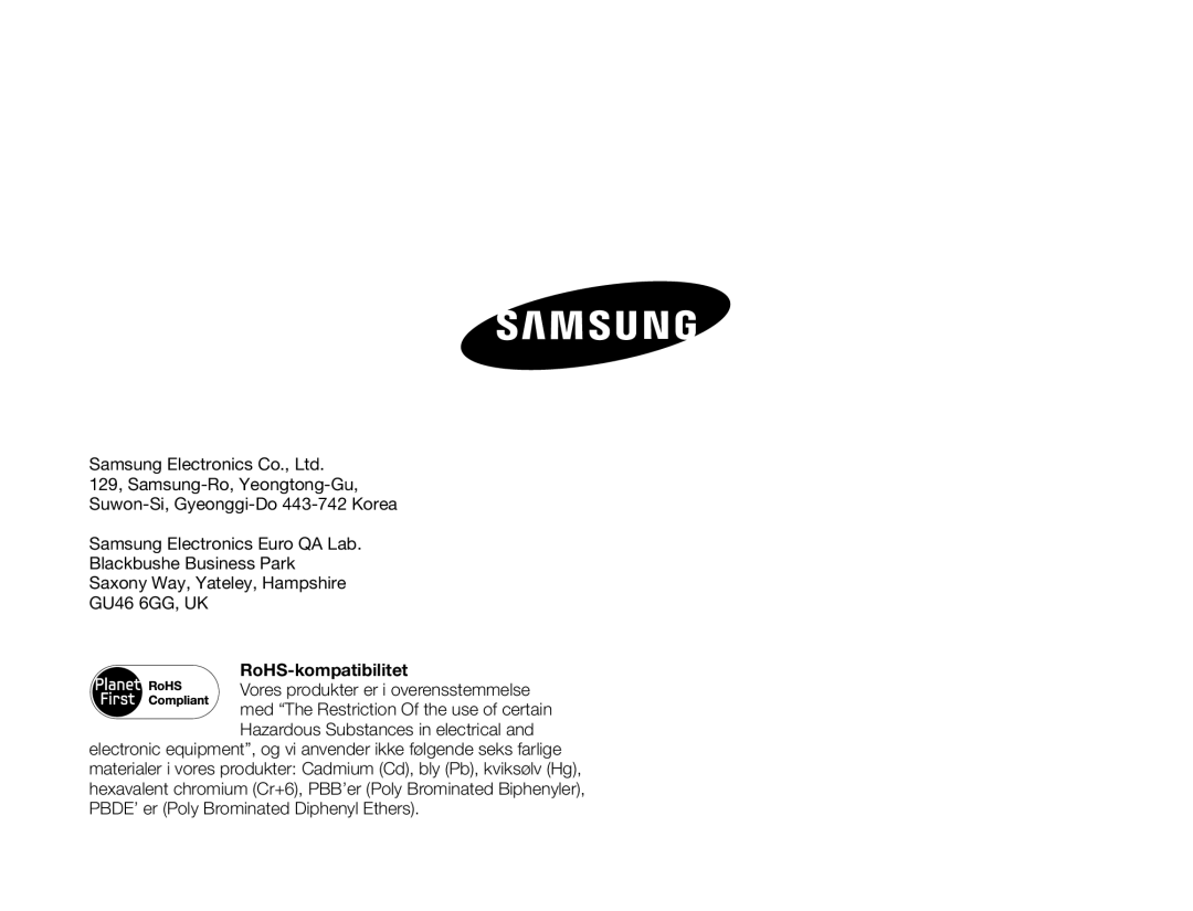 Samsung HMX-Q10TP/EDC, HMX-Q10PP/EDC, HMX-Q10BP/EDC manual RoHS-kompatibilitet 