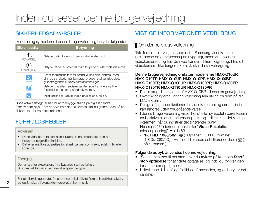 Samsung HMX-Q10BP/EDC, HMX-Q10TP/EDC manual Inden du læser denne brugervejledning, Sikkerhedsadvarsler, Forholdsregler 