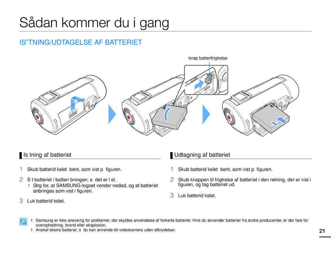 Samsung HMX-Q10TP/EDC, HMX-Q10PP/EDC manual Sådan kommer du i gang, ISÆTNING/UDTAGELSE AF Batteriet, Isætning af batteriet 