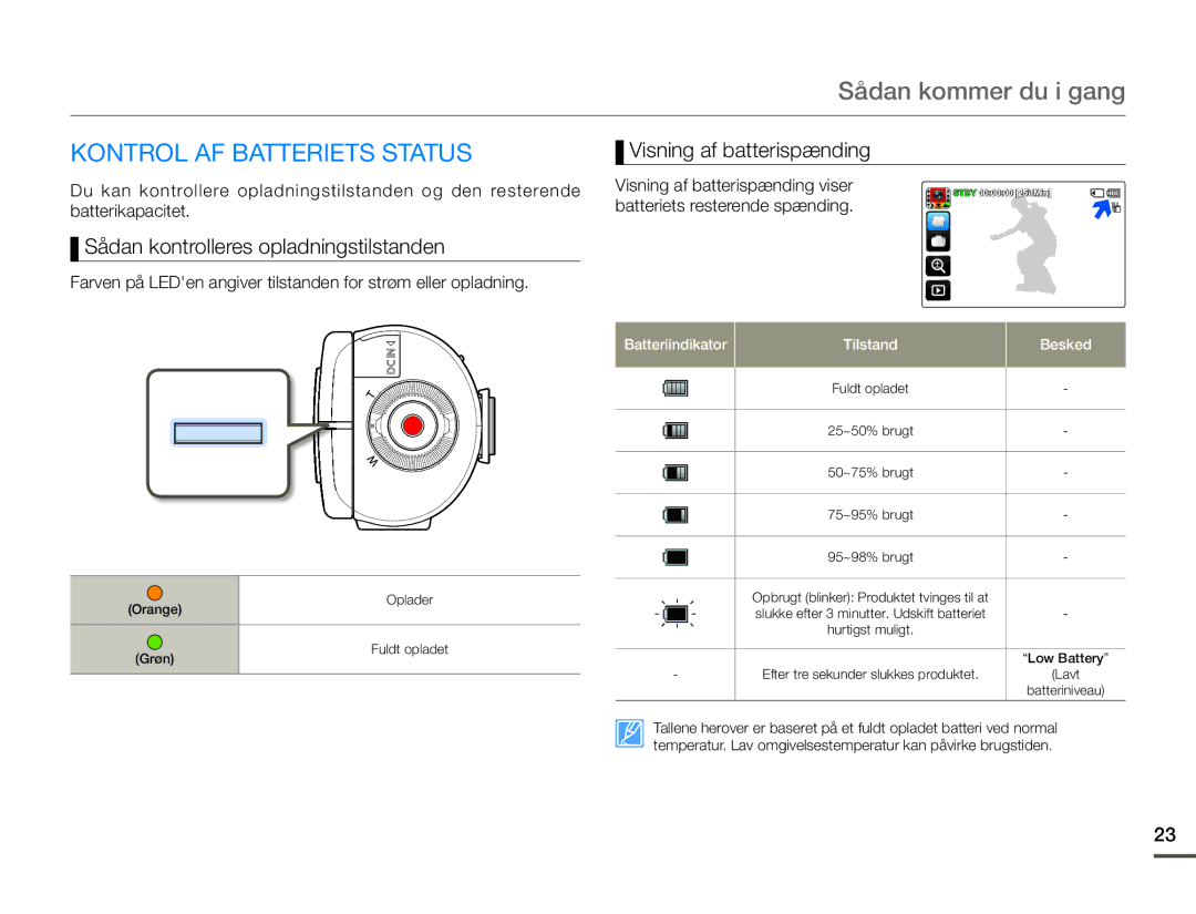 Samsung HMX-Q10BP/EDC Kontrol AF Batteriets Status, Sådan kontrolleres opladningstilstanden, Visning af batterispænding 