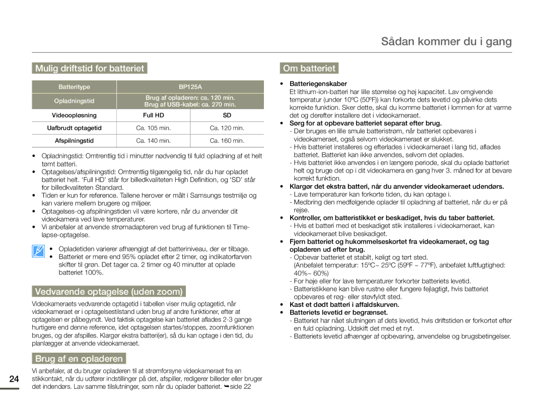 Samsung HMX-Q10TP/EDC Mulig driftstid for batteriet, Vedvarende optagelse uden zoom, Om batteriet, Brug af en opladeren 